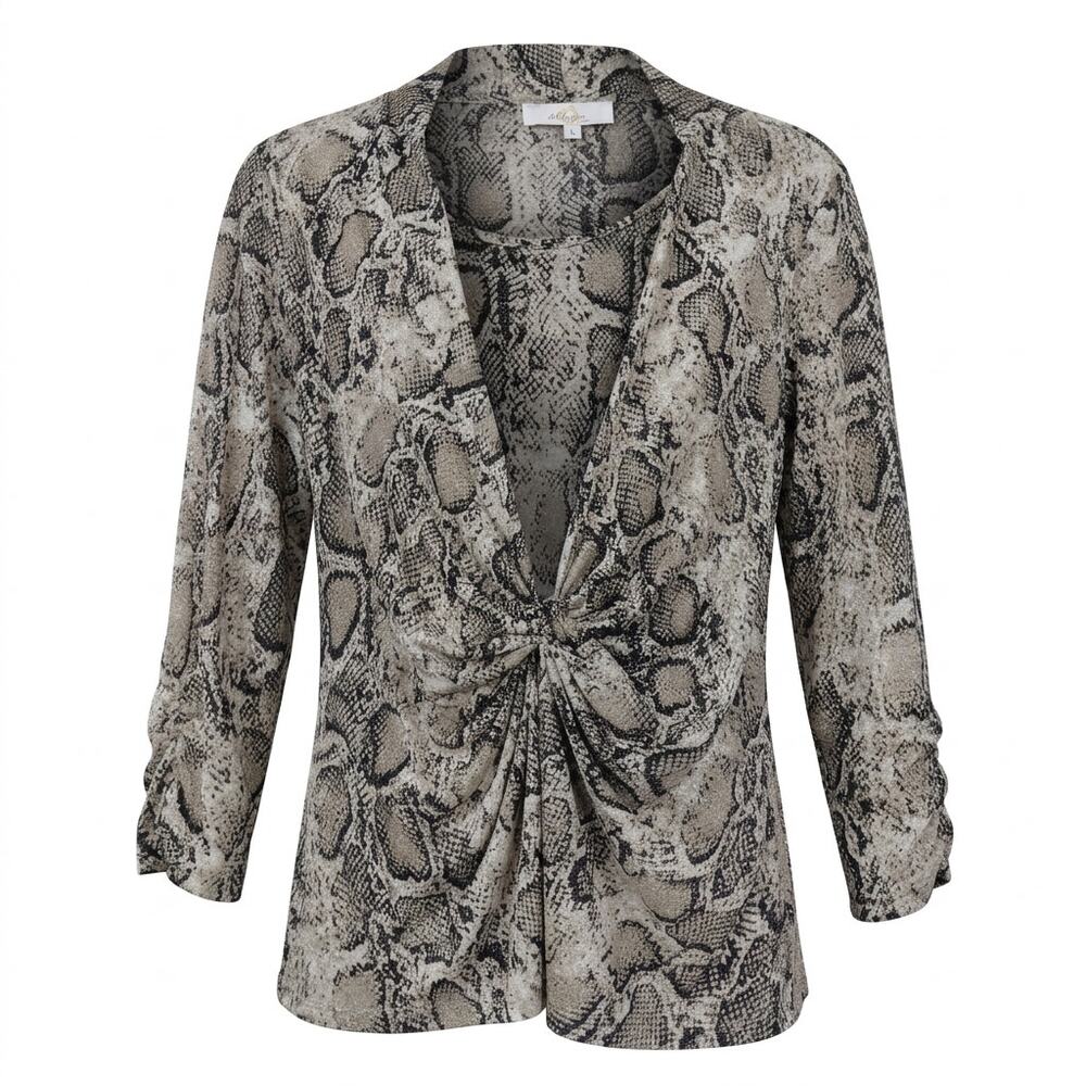 Melograno Rico Gray Animal Print Ruffle Ruched V-Neck Top Women Size L
